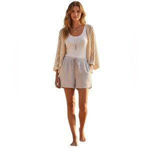 Tahari 100% Linen Drawstring Pull On Casual Shorts in Cream Size S